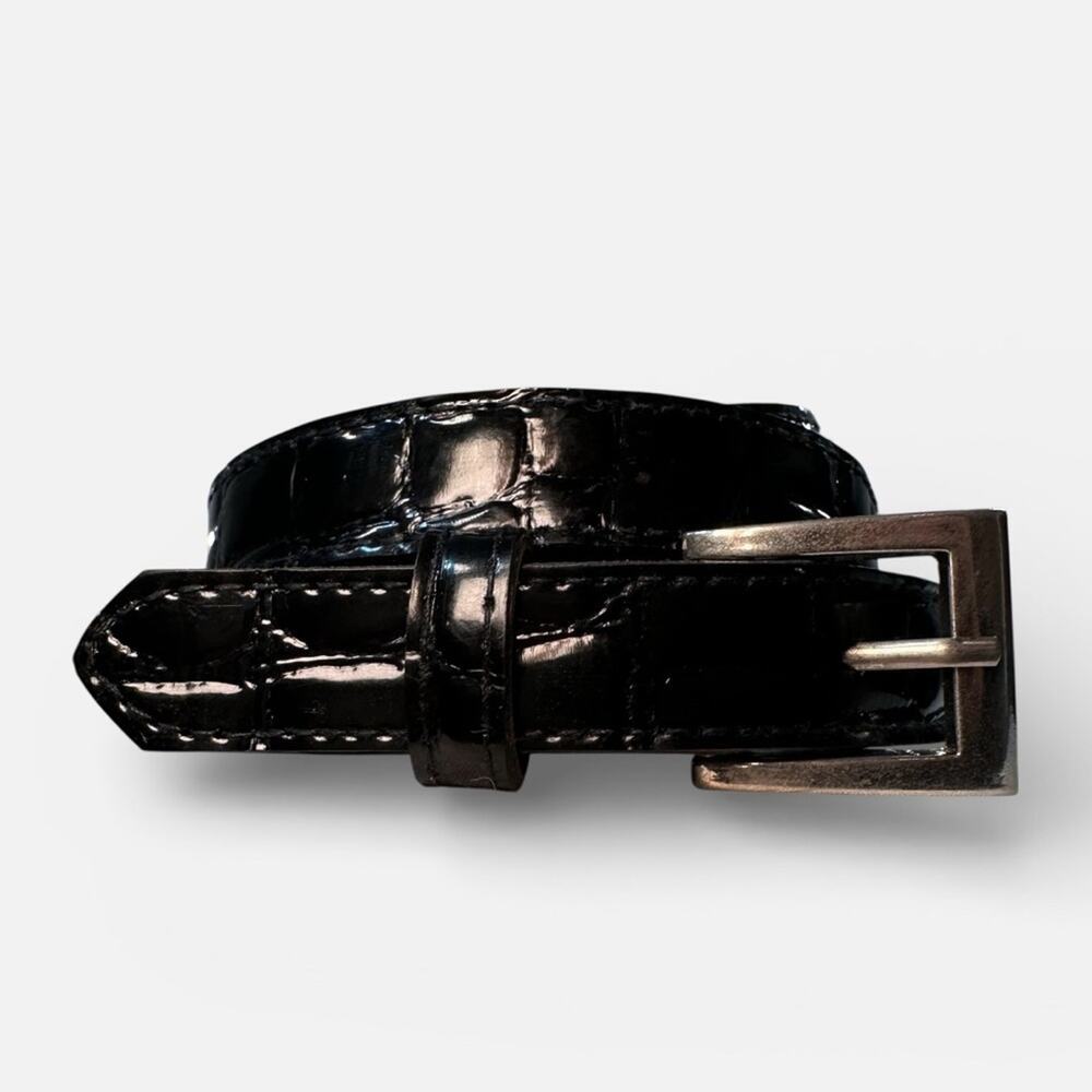 Black Faux Patent Leather Alligator Print Belt with Silver Buckle 36.5 in